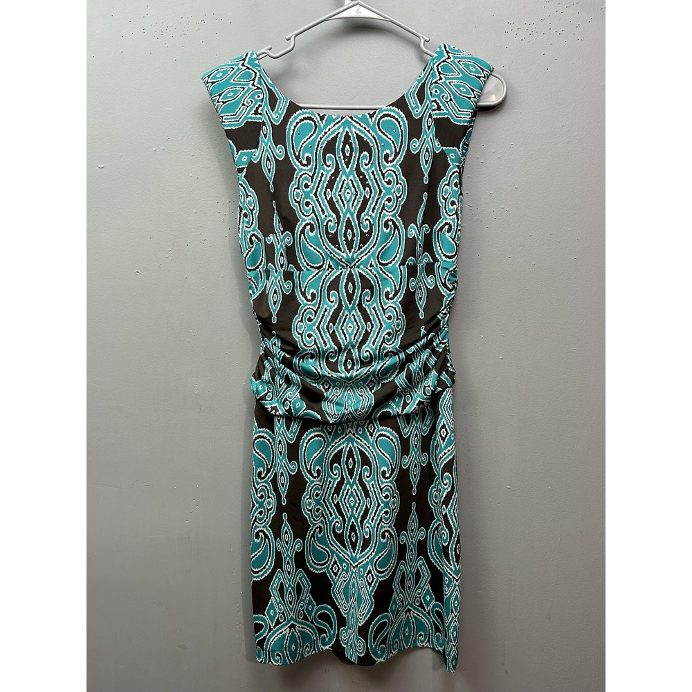 INC Sheath Dress Womens Small Petite Teal Brown Paisley Ikat Ruched Rhinestone